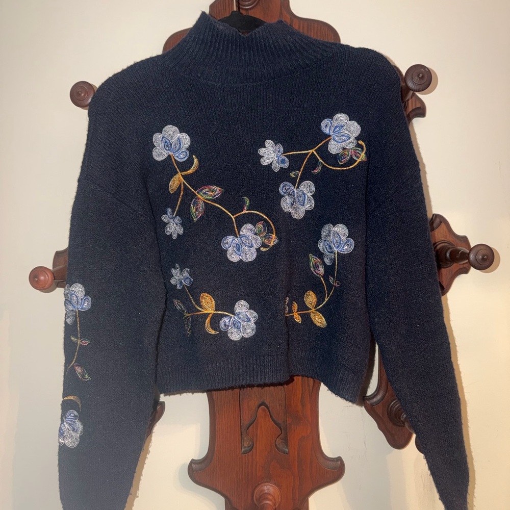 Miami Navy Sweater with Blue and Gold Floral Design